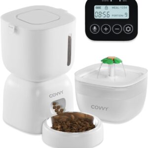 COVVY Pets Automatic Feeder and Cat Water Set,Cat Food Dispenser with LCD Screen,Timer Pet Feeder for Cat & Dog,1-4 Meals Portion Control,3L Food Feeder&2L Water Dispenser for Small Medium Dogs Cats