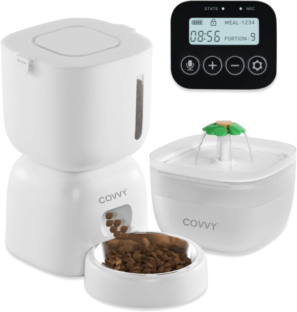 COVVY Pets Automatic Feeder and Cat Water Set,Cat Food Dispenser with LCD Screen,Timer Pet Feeder for Cat & Dog,1-4 Meals Portion Control,3L Food Feeder&2L Water Dispenser for Small Medium Dogs Cats