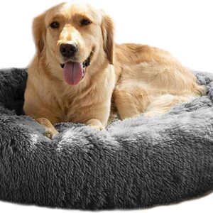 Calming Dog Bed Fluffy Pet Bed, Washable Round Donut Dog Bed for Small Medium Dogs and Cats, Faux Fur Cuddler Up to 11/15/24/45kg, Grey