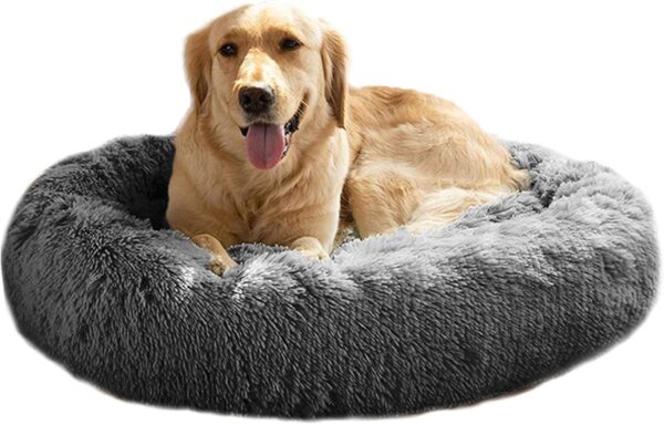 Calming Dog Bed Fluffy Pet Bed, Washable Round Donut Dog Bed for Small Medium Dogs and Cats, Faux Fur Cuddler Up to 11/15/24/45kg, Grey