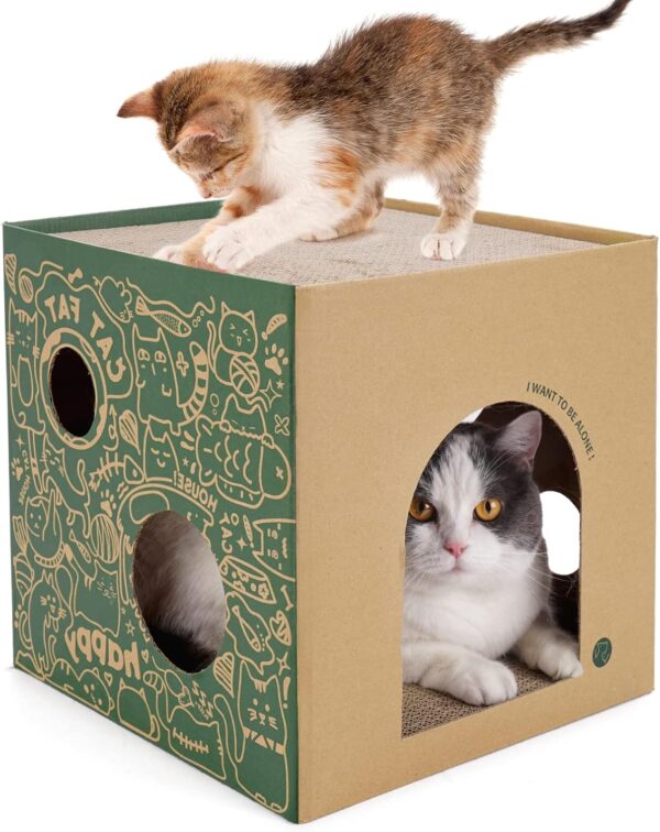 Cardboard Cat House with 2 Story Scratch Pads Cat Play House for Indoor Cats Corrugated Scratcher Box Cat Scratching Toy for Cat Birthday, Hideout for Bunny Small Animals.