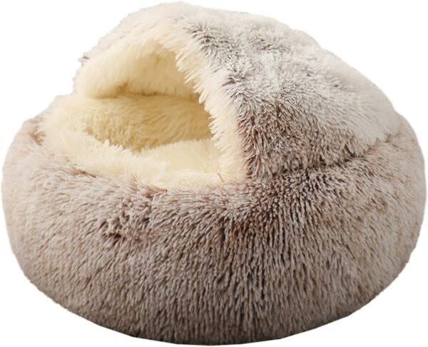 Cat Bed Round Fluffy Hooded Cat Bed Cave with Non-collapsed Plush Cover,Cat Bed Donut for Indoor Cats, Faux Fur Cuddler Round Comfortable Self Warming pet Bed, Machine Washable, Waterproof Bottom