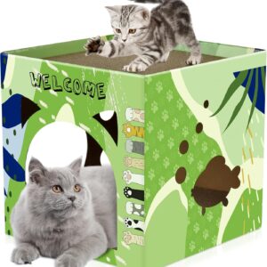 Cat Cardboard House, Large Cat Play House with 2 Story Scratch Pads Cat Bed Scratching Lounge for Indoor Cats Kittens Breathable Cube Shelter Corrugated Scratcher Box Toy