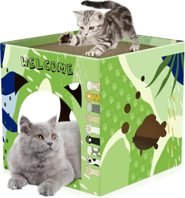 Cat Cardboard House, Large Cat Play House with 2 Story Scratch Pads Cat Bed Scratching Lounge for Indoor Cats Kittens Breathable Cube Shelter Corrugated Scratcher Box Toy