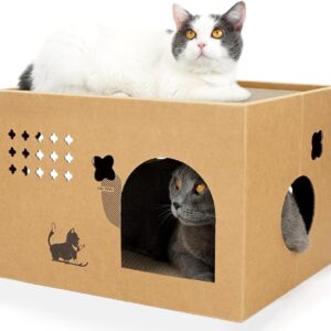 Cat Cardboard House with 2 PCS Scratching Pads，Large Cat Cardboard Scratcher for Indoor Cats with Corrugated Board Detachable Cat Scratcher Box for Cats (Cactus)