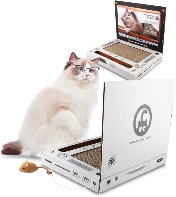 Cat Scratcher Laptop Computer with Fluffy 'Mouse' Interactive Toys, Paw Over Social Media & Catch up on The Mews, Kitten Toys & Cat Scratch Pads