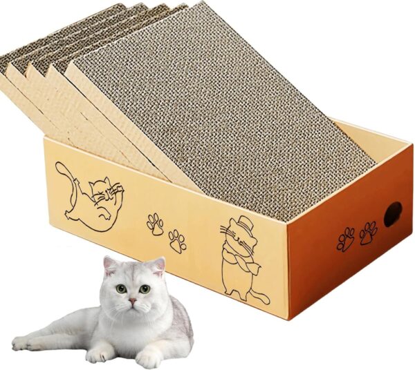 Cat Scratching Board with Box, 5 Layers Design Cat Scratching Pad, Reversible Cat Scratcher Cardboard Lounge Bed, Corrugated Cardboard Cat Scratcher for Indoor Kitty