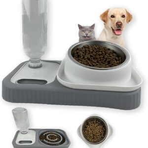 Cdycam Cat Dog Food and Water Bowl Set, Double Food Bowls with Automatic Gravity Water Bottle, Raised Slow Feeder, Detachable Stainless Steel Bowl, 15°Tilt Elevated No Spill Dispenser (Gray+White)