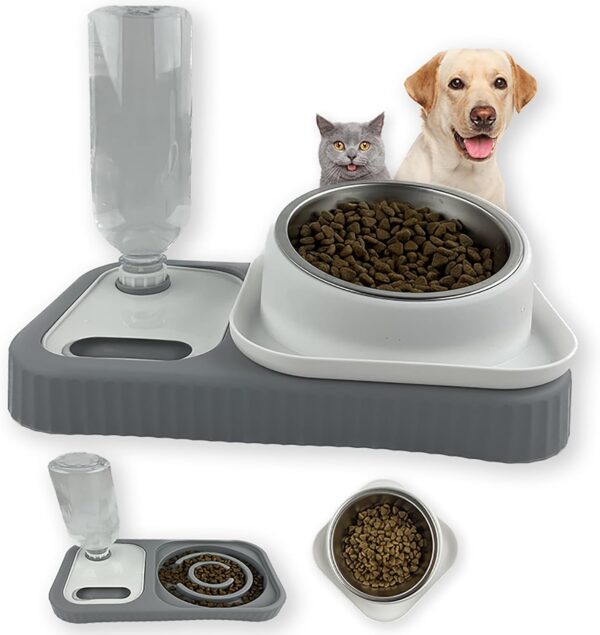 Cdycam Cat Dog Food and Water Bowl Set, Double Food Bowls with Automatic Gravity Water Bottle, Raised Slow Feeder, Detachable Stainless Steel Bowl, 15°Tilt Elevated No Spill Dispenser (Gray+White)