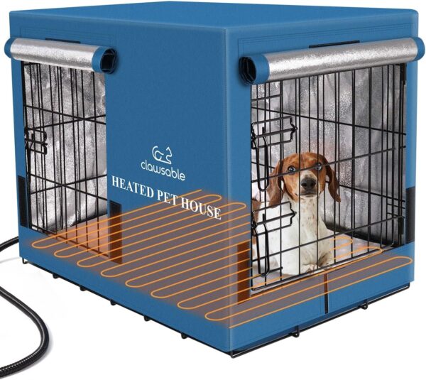 Clawsable Heated Dog House for Outdoor, Dog Crate for Small Medium Intermediate Dogs, 2 Doors Heavy-Duty Dog Kennel Value Pack with Matching Insulated Crate Cover & Bed & Pet Heating Pad