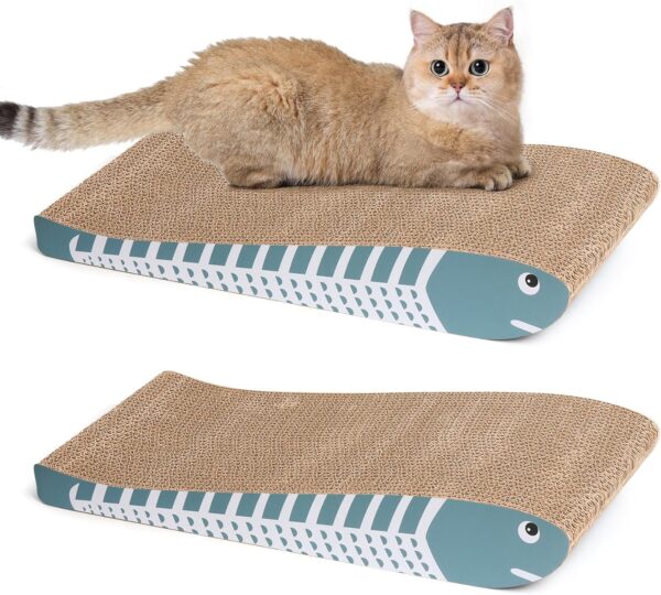 ComSaf Cat Scratching Board 2 Pack, Cat Scratcher Cardboard, Curved Cat Scratcher, Cute Cat Scratch Pad for Kitty, Recycle Cardboard Cat Scratcher, Double-Sided Pad for Long Lasting Use (Blue)