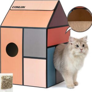 Conlun Cardboard Cat House with Cat Scratcher Pad&Catnip,Easy-to-Assemble Cat Scratch Cardboard House for Various Home Decor,Cat Scratching Board Toy for Indoor Cats&Small Animals Birthday