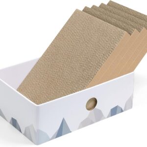 Conlun Cat Scratcher Box with Cat Scratching Board-Portable Cardboard Lounger for Pet-Heavy Duty Double-Sided Cardboard Cat Scratchers and Interactive Hole Design-34x24x12cm (Medium-5 Package, White）