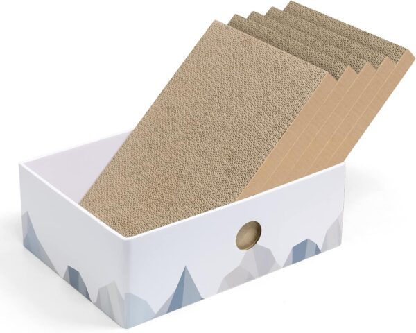 Conlun Cat Scratcher Box with Cat Scratching Board-Portable Cardboard Lounger for Pet-Heavy Duty Double-Sided Cardboard Cat Scratchers and Interactive Hole Design-34x24x12cm (Medium-5 Package, White）