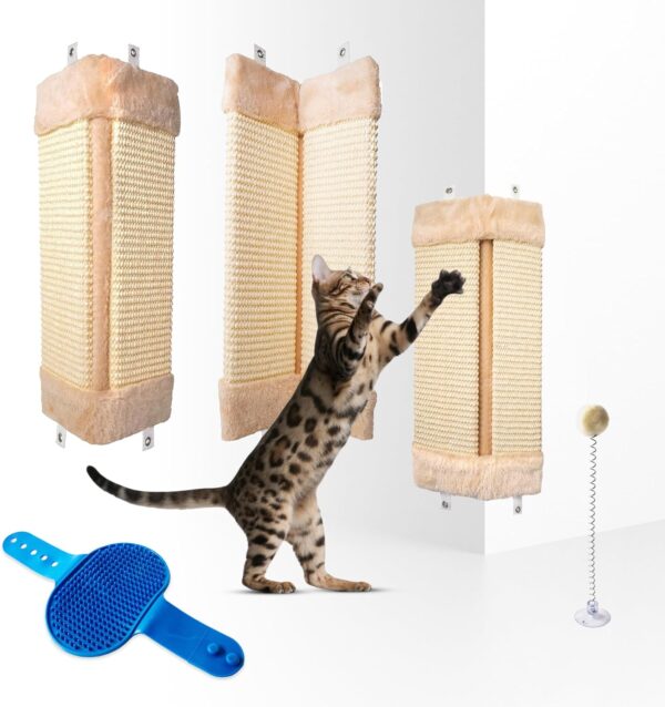 Corner Cat Scratcher - 3 Pack Corner Mounted Vertical Scratching Pads to Protect Indoor Walls and Fixings - Protect furniture and Promote Healthy Claws - Includes Pet Groomer and Cat Toy