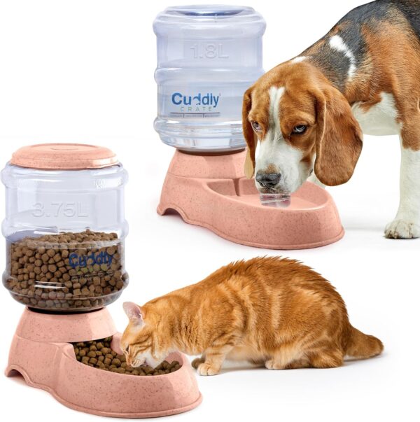 Cuddly Crate Self Feeding Dog Food Dispenser - 3.75L Automatic Pet Feeder for Large Dogs, Spill Proof Gravity Cat Feeder and Water Dispenser - Pink