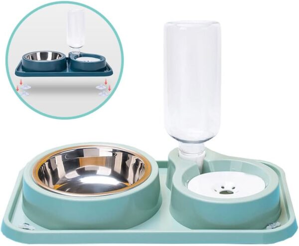 Double Dog Cat Bowls, Pet Water and Food Bowl Set with Automatic Water Dispenser Bottle Detachable Stainless Steel Bowl, Gravity Water Feeder Bowl No-Spill for Cats and Dogs Puppy Kitten Rabbit