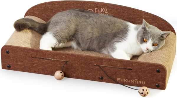 FUKUMARU Cat Scratcher Cardboard, 66cm Lounge Bed, Durable Cat Scratcher Bed Large Lounger, 2 Reversible Cat Scratching Pads for Indoor Cats, Recyclable Cat Scratch Bed Cardboard with Bell Ball Toy