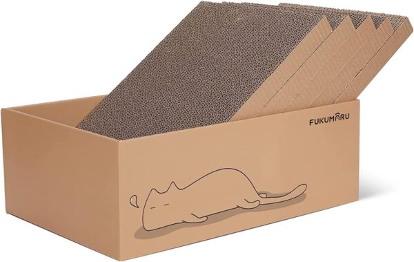 FUKUMARU Cat Scratching Board with Box, 40 x 28 cm 5 PCS Reversible Cat Scratch Pad, Corrugated Scratch Bed for Indoor Kitty, 5 in 1 Replacement Cardboard Refill Pad