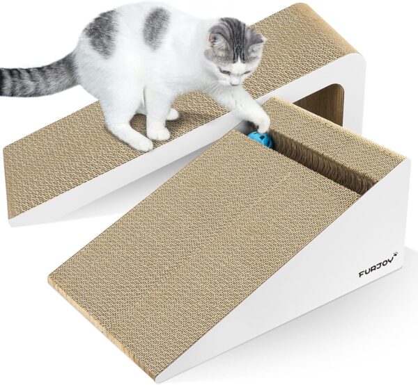 Furjoy Cat Scratcher, Incline 2-in-1 Cat Scratching Pad, Corrugated Cat Scratch Lounge Sofa with Bell Ball Toy & Catnip [ Multiple Scratching Angles, 50 x 24 x 20 cm & 37 x 24 x 15 cm ]