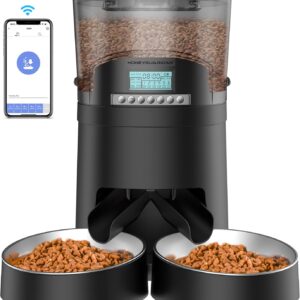 HoneyGuaridan 4.5L Automatic Cat Feeder, 2.4G Wi-Fi Smart Pet Feeder with APP Control, Desiccant Bag, Voice Recorder and Dual Power Supply, Up to 6 Meals Per Day for Cats & Small/Medium Dogs (Black)