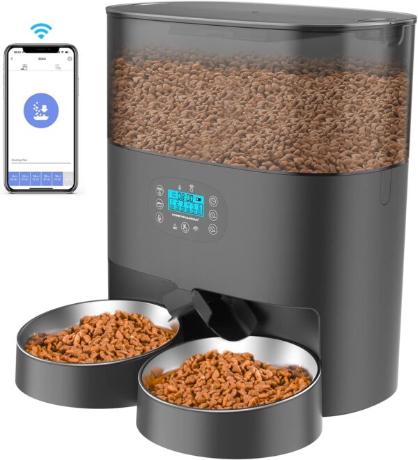 HoneyGuaridan 6L Automatic Cat Feeder, Smart Pet Feeder with 2 Way Splitter Dispenser, Timed Cat Food Dispenser with APP Control, Dual Power Supply,10s Meal Call, Up to 6 Meals per Day for Two Pets