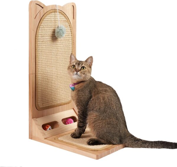 INRLKIT L Shaped Cat Scratcher - Sisal Cat Scratch Pad, Cat Scratching Post with Built-in Ball Toy for Indoor Cats, Large Size Floor Mounted Vertical Scratcher Board for Cats