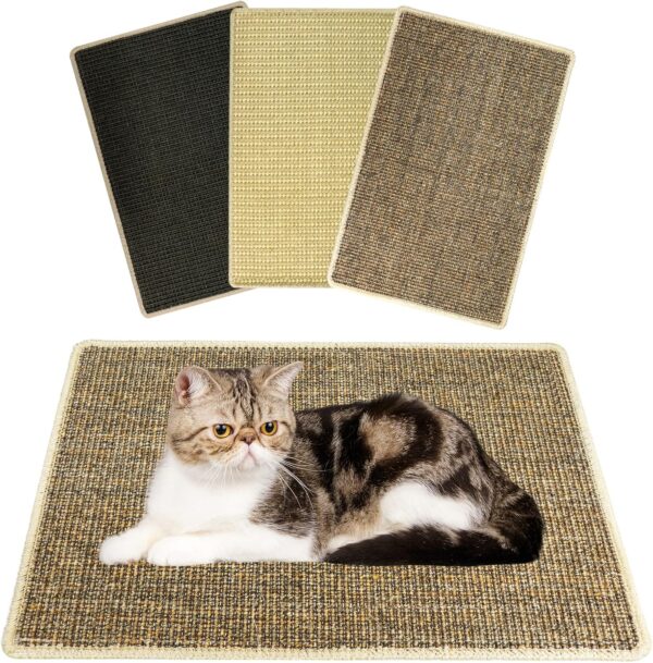 KPUY Cat Scratcher Mat, 1 Pcs Natural Sisal Cat Scratch Pad with Adhesive Hook Loop Tape, Cat Scratch Carpet Protector Doorway and Floor Mat for Indoor Cats to Grind Claws, 60 x 40 CM (Random Color)