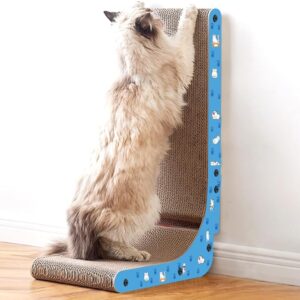 L Shape Cat Scratcher, 26.8 Inch Cat Scratch Pad Wall Mounted, Vertical Cat Scratching Board,Protecting Furniture Cat Scratch Pad, Built-in Catnip Toy Balls,Toy for Indoor Cats, Large Size（Blue）