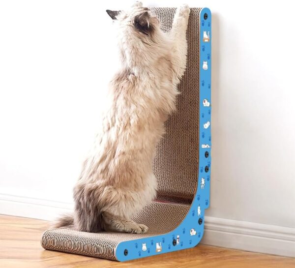 L Shape Cat Scratcher, 26.8 Inch Cat Scratch Pad Wall Mounted, Vertical Cat Scratching Board,Protecting Furniture Cat Scratch Pad, Built-in Catnip Toy Balls,Toy for Indoor Cats, Large Size（Blue）