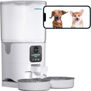 LUSIMPO Double Pet Feeder with Camera for 2 Dogs/Cats, Double Bowls, 7L, White