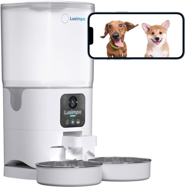 LUSIMPO Double Pet Feeder with Camera for 2 Dogs/Cats, Double Bowls, 7L, White