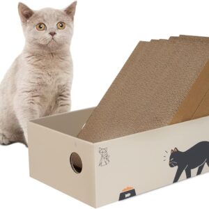 MUAEEOK 5 Pack Cat Scratcher, Scratching pad with Box, Natural Recycled Corrugated Heavy-Duty Double-Sided Cardboard, Reversible for 2X Use, Kitty Refill Indoor, Brown Suitable for Cats Up To 5kg