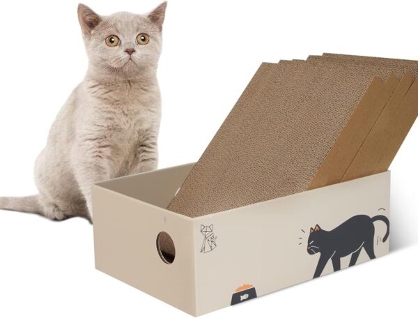 MUAEEOK 5 Pack Cat Scratcher, Scratching pad with Box, Natural Recycled Corrugated Heavy-Duty Double-Sided Cardboard, Reversible for 2X Use, Kitty Refill Indoor, Brown Suitable for Cats Up To 5kg