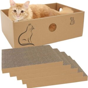 MUAEEOK Cardboard Cat Scratcher with Box, 5 PCS Reversible Cat Scratch Pad Replace for Cat Scratcher, Corrugated Scratching Lounge for Indoor Kitty to Rest Play Suitable for Up To 5kg (33*24*11 CM)