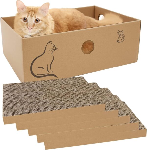 MUAEEOK Cardboard Cat Scratcher with Box, 5 PCS Reversible Cat Scratch Pad Replace for Cat Scratcher, Corrugated Scratching Lounge for Indoor Kitty to Rest Play Suitable for Up To 5kg (33*24*11 CM)