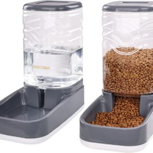 NKECOBJI Automatic Pets Feeder and Water Dispenser Set,Gravity Food Feeder and Waterer Set with Pet Food Bowl,Easily Clean Self Feeding for Small Large Pets Dogs Cats Large Capacity(3.8L)