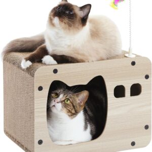 PETEPELA Cat Scratching Post Cat Cardboard House Cat Scratcher Board Cardboard Corrugated 2 in 1 All Sided Use Scratching Pad with Spring Mouse Toy for Indoor Cats 40x30x30cm