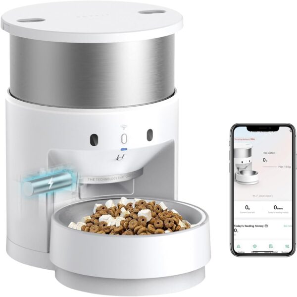 PETKIT Automatic Cat Feeder with 20s Voice Recorder, Stainless Steel, WiFi Enabled Auto Pet Feeder for Dry Food, App Control, Low Food & Blockage Sensor, Battery Operated, 5-200g/Meal, 1-30 Servings