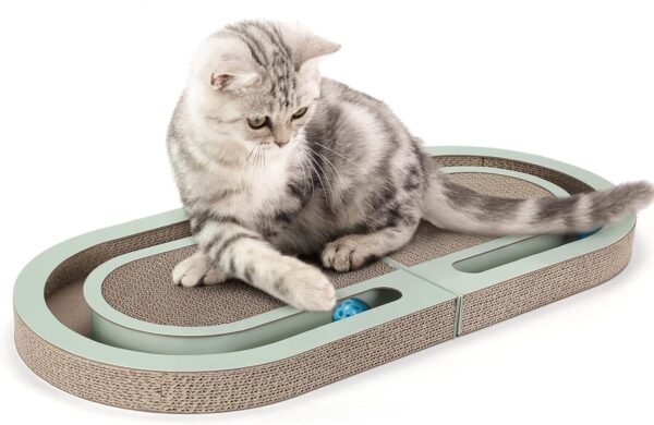 PETTOM Cat Scratcher, Cat Scratching Board with Trackball, Recycle Corrugate Reversible Cat Scratcher Cardboard for Indoor Cats，Foldable Cat Scratch Pad with Interactive Bell Ball Design