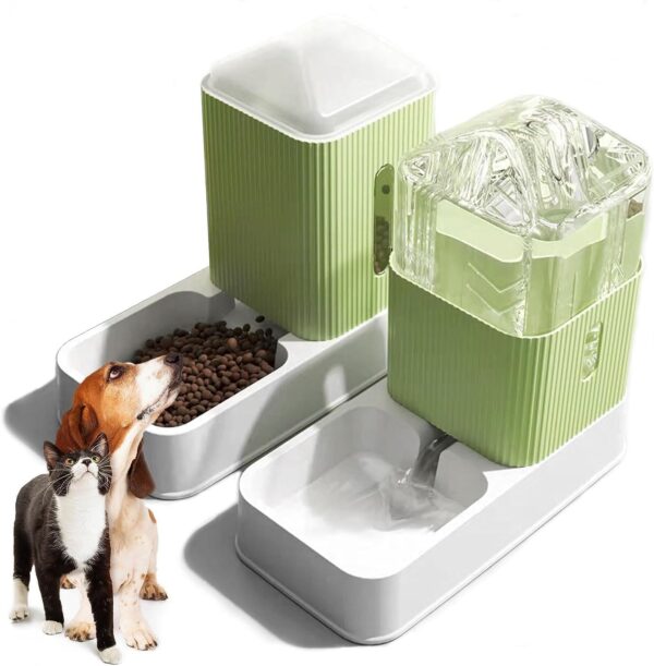 PINVNBY Automatic Cat Feeder and Water Dispenser Set 3.5L /1 Gallons Gravity Pet Food Feeder and Waterer Set Automatic Waterer Feederer for Small Medium Large Pets Dog Puppy Kitten(Green)