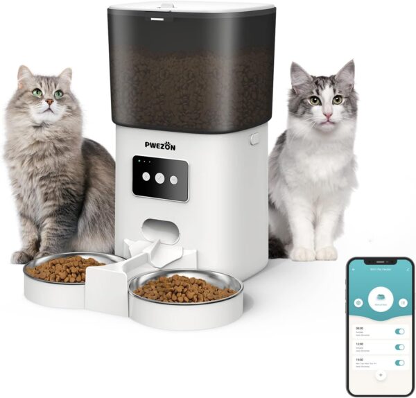 PWEZON Smart WiFi Double Pet Feeders for Two Cats, Automatic Cat Feeder with 2 Stainless Steel Bowls, 6L Dry Food Dispenser with App Control for Cat & Dog 10s Meal Call and Timer Setting