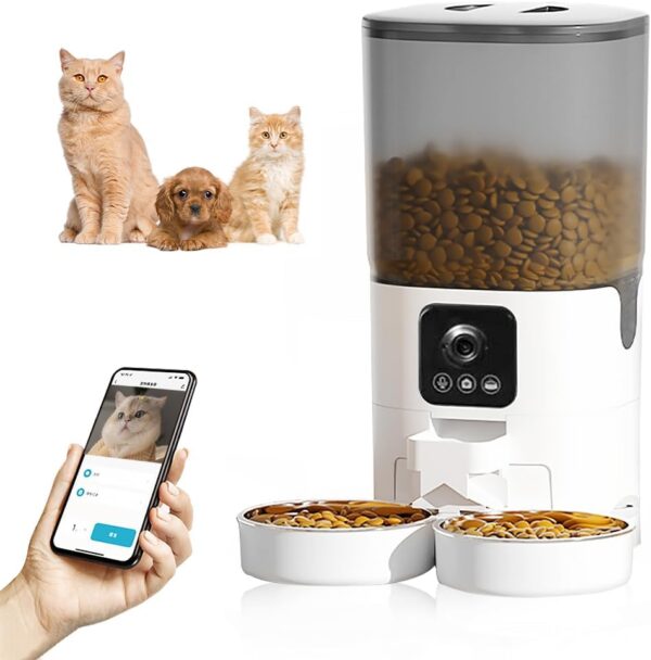 Pahajim Automatic Cat Dog Feeder 2.4G Wi-Fi Smart Pet Feeder 1080P Full HD Camera Night Vision 7L Timer Cat Food Dispenser App Control Double Stainless Steel Bowls Real-time Intercom Available