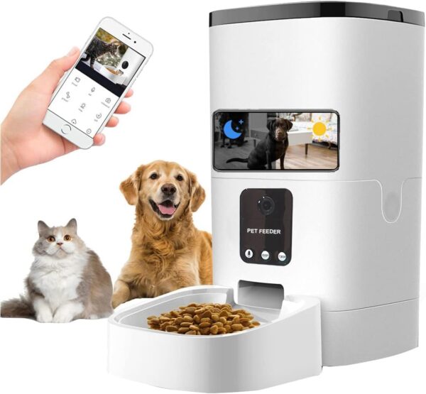 Pet Feeder,6L Automatic Pet Feeder For Cats and Dogs,1080P Camera,App Control,Voice Recorder,Timed Feeder for Schedule Feeding, Dual Power Supply,WiFi Pet Food Dispenser with App Control