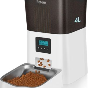 Petour Automatic Cat Feeder, 4L Pet Dry Food Dispenser with Stainless Steel Bowl&Lock Lid, Dog Timed Feeder Control 1~4 Meals Per Day with Dual Power Supply, 10s Voice Recorder and Desiccant Bag