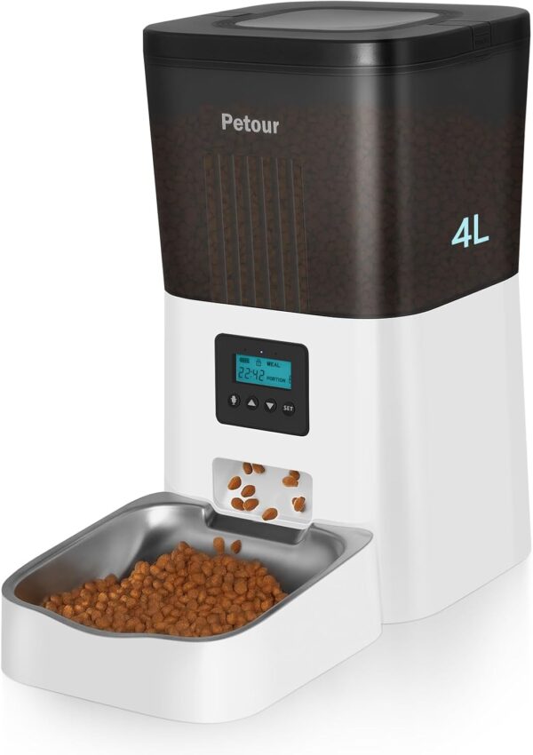 Petour Automatic Cat Feeder, 4L Pet Dry Food Dispenser with Stainless Steel Bowl&Lock Lid, Dog Timed Feeder Control 1~4 Meals Per Day with Dual Power Supply, 10s Voice Recorder and Desiccant Bag