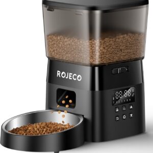 ROJECO Automatic Cat Feeder, Pet Feeder Dual Power Supply, Cat Feeder Automatic with Stainless Steel Bowl, Time & Portion Programmable 6 Meals Up to 16 Portions Per Meal Suitable for Pet