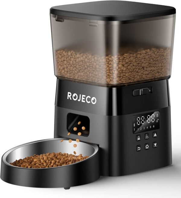 ROJECO Automatic Cat Feeder, Pet Feeder Dual Power Supply, Cat Feeder Automatic with Stainless Steel Bowl, Time & Portion Programmable 6 Meals Up to 16 Portions Per Meal Suitable for Pet