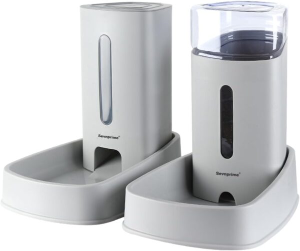 SEVNPRIME Pets Automatic Feeder Set, 3.8L Automatic Cat Feeder and Water Dispenser, Cat Dog Feeder and Waterer Pet Self-Dispensing, Gray Pets Automatic Feeder for Small Medium Dog Pets Puppy Kitten