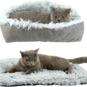 ToKinCen Cat Bed for Indoor Cats, Self Warming Pet Bed Function 2 in 1 Foldable Convertible Plush Soft Blanket Cat Bed Warm Cat Cushion Bed for Small Dogs and Cats, Machine Washable (Grey)